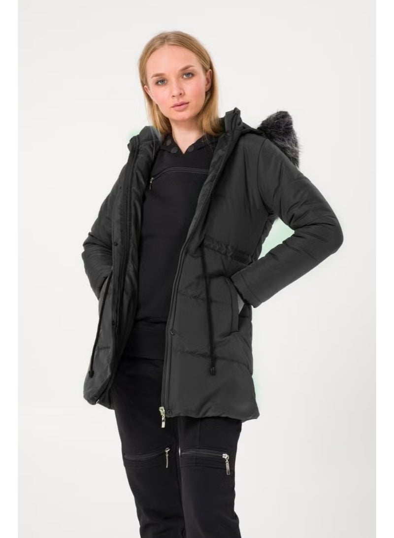 Barbora Winter Collar Fur Long Women's Puffer Coat BT122SIYAH9 - Image 1